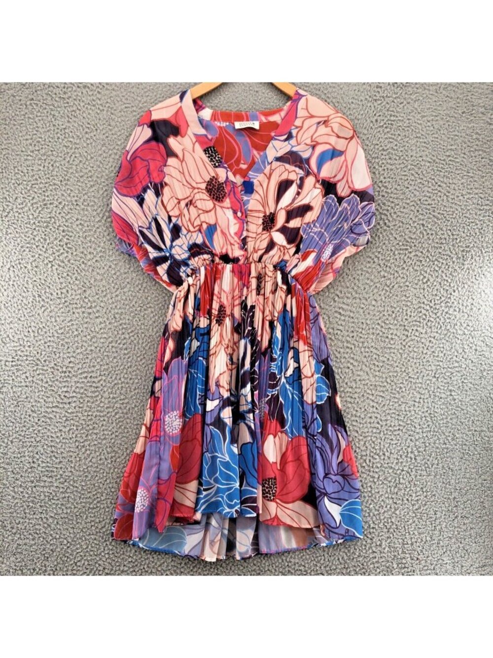 Molly Bracken Dress Womens Small Multi Floral Mini Blouson Knife Pleats Button